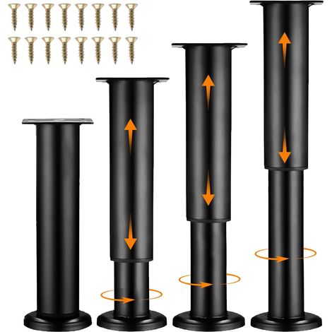 4Pcs Pied de Meuble Réglables en Hauteur, Pieds de Lit/Table/Armoire en Métal Robuste, 18-32cm Ajustables, Pied Réglable pour Meuble avec Embouts Antidérapants, Vis Incluses (Noir) (1/5)