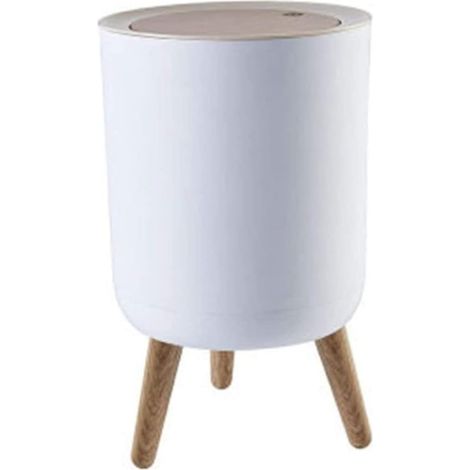 Waste Basket with Lid Press, Living Room Bathroom Kitchen Nordic Style Imitation Wooden Waste Bin White, 22x36.3cm (1/5)