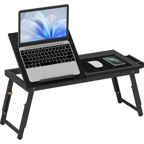 Table de lit pliable hauteur réglable 83,5 x 33 x 34 cm plateau inclinable tiroir pratique design épuré en bambou noir (1/5)