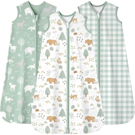 Gigoteuse été 6-12 Mois 0.5 Tog, Turbulette Coton pour Nouveau-né et Nourrisson, Pack de 3 Sac de Couchage bébé Léger avec Double Fermeture éclair 66-76 cm Ours Vert (1/5)