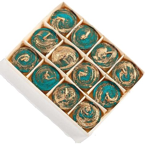 Tea light azzurro e oro, confezione da 12 pezzi (kit da 10)