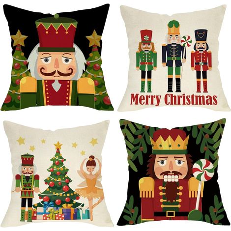 Housse De Coussin De Noël - Soldat En Bois Et Arbre De Noël - 18 X 18 Pouces - Pour Intérieur Et Extérieur - Lot De 4