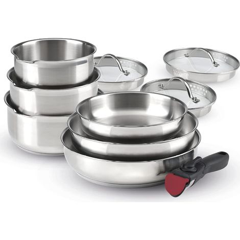 Batterie de Cuisine à Induction 10 Pièces Set de 3 Casseroles, 3 Poêles et 3 Couvercles Passoires avec Poignée Amovible Acier Inoxydable Lot pour Tout Feu Argenté (1/5)