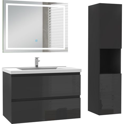 Ocean Ensemble de Meuble de salle de Bain 79cm Noir Haut Brillant avec Miroir LED, colonne 131.5 cm