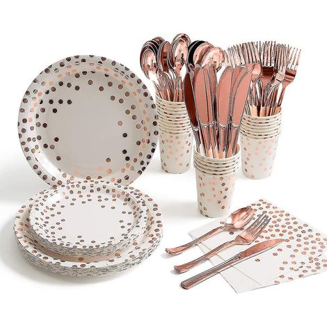 Ensemble de 175 pièces de vaisselle jetable dorée pour 25 personnes : assiettes, serviettes et gobelets à pois dorés. Idéal pour mariage, enterrement de vie de jeune fille, naissance, etc. – Blanc et (1/3)