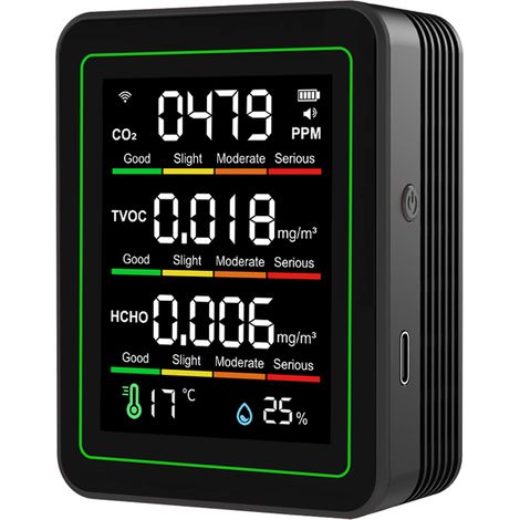 Monitor de calidad del aire WiFi 5 en 1, sensor de CO2, temperatura, humedad, para el hogar y la oficina. (1/5)