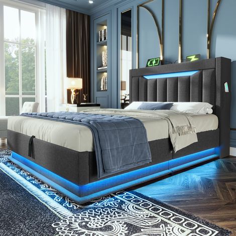 Lit simple 90x200cm gris lin, sommier avec rangement hydraulique, tête de lit dotée de ports USB et Type-C, éclairage LED tête et pied, coffre intégré, sans matelas (1/4)