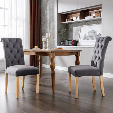 Chaise de salle a manger moderne en velours gris avec pieds en chene massif, dossier courbe et montage rapide,63×43×100cm (1/5)