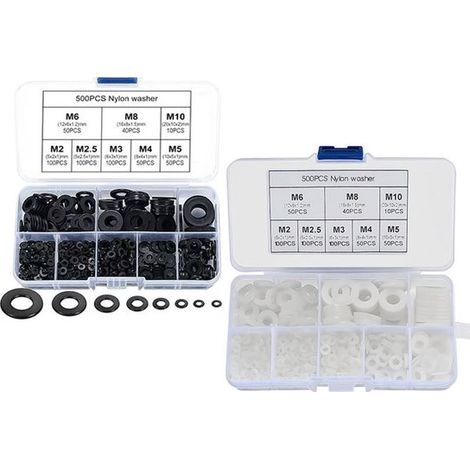 Juego surtido de 1000 arandelas de plástico M2，M2.5，M3，M4，M5，M6，M8 y M10，arandelas planas de nailon，tornillos y pernos，color negro y blanco (1/5)