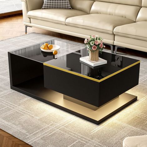 Tavolino, nero lucido, con illuminazione LED, 1 porta, 90 x 50 x 32 cm