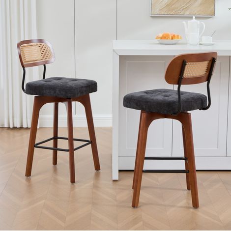 2er-Set Barhocker, 360° drehbar, Rattan-Rückenlehne, schwarze Chenille (1/5)