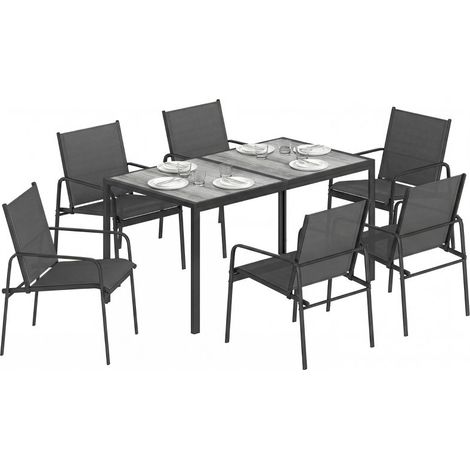 Ensemble salon de jardin table 150×80 cm, 6 chaises respirantes à aspect bois, cadre en acier couleur noire (1/5)