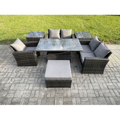 Fimous 7pcs Ensemble de meubles de jardin en rotin ave Table à manger réglable en hauteur ave 2 Table d'appoint Grand Tabouret Gris foncé (1/5)