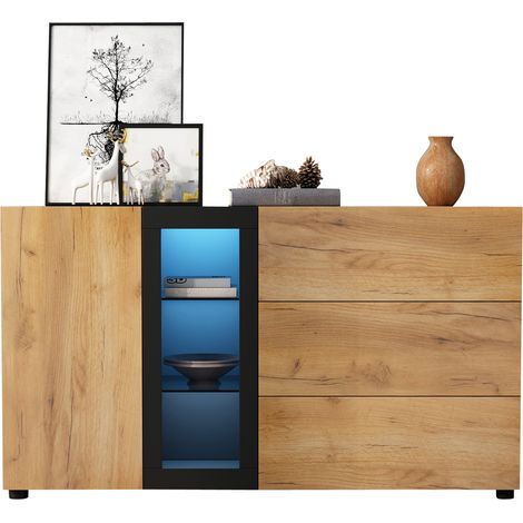 ELVMI Credenza con 3 Cassetti, 1 Anta, 4 Vani e LED RGB con App, Soggiorno, 140 x 40 x 80 cm, Marrone Nero (1/5)