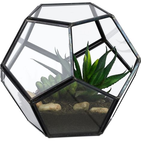 Relaxdays Geometric Terrarium, Tin & Glass, for Succulents, Cacti & Air Plants, Mini Greenhouse, Windowsill Decor, Black