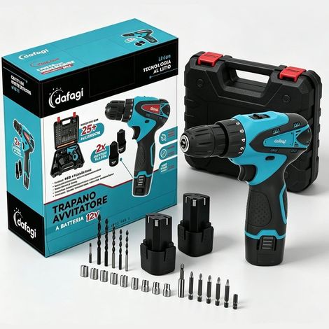 TRADE SHOP - Trapano Avvitatore A 2 Batteria Litio 12v Funzione Reversibile Con Valigetta 25 Accessori - (1/5)