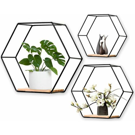 XEPHO Lot de 3 étagères murales hexagonales en métal et bois - Pour étagère de cuisine, salle de bain, chambre à coucher, décoration murale (noir) (1/5)