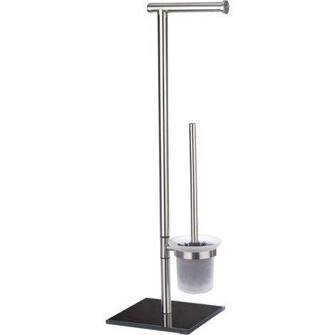 WENKO Combinato WC 2in1 Spazzola WC e portarotolo carta igienica, Lima, Acciaio inox - vetro, 23,5x69x20 cm, base nera, opaco (1/5)