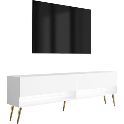 Meuble TV 170 cm Blanc Mat, pieds obliques dorés, LED blanche, 170 × 32 × 52 cm (1/5)