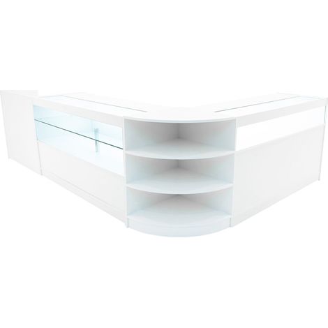 Set Mostradores Comerciales "EUROPA"   Blanco LM60 + B1500 + C1500 + TB60 MDF y vidrio templado  Estantes y puertas corredizas con cerradura  Fácil Montaje  Mostrador Recepción Expositor Comercial Mes