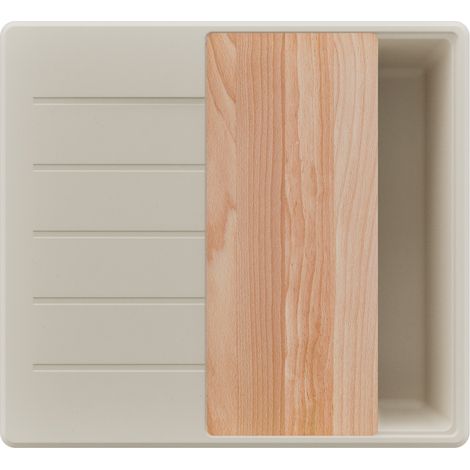 PRIMAGRAN Evier Cuisine en Granit 55x50cm,Lavabo 1 bac + Kit de Vidage + Planche à Découper, Évier à Encastrer au meuble 40cm - Copenhague, Beige (1/5)