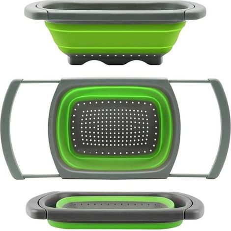Passoire pliable, égouttoir de cuisine avec poignée extensible, égouttoir pliable en silicone pour évier, idéal pour les pâtes, les légumes, les tartes et les fruits (vert KLB) (1/5)