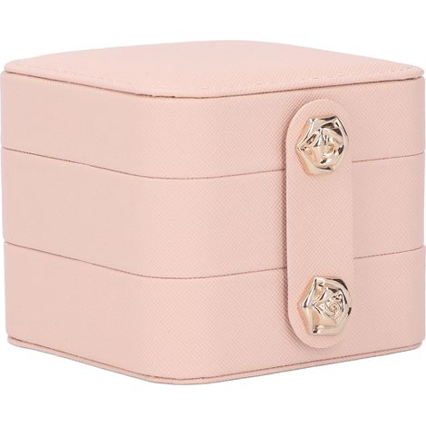 Boîte à bijoux rose portable multicouche en cuir PU, étui de voyage pour bagues, boucles d'oreilles et colliers. (1/5)
