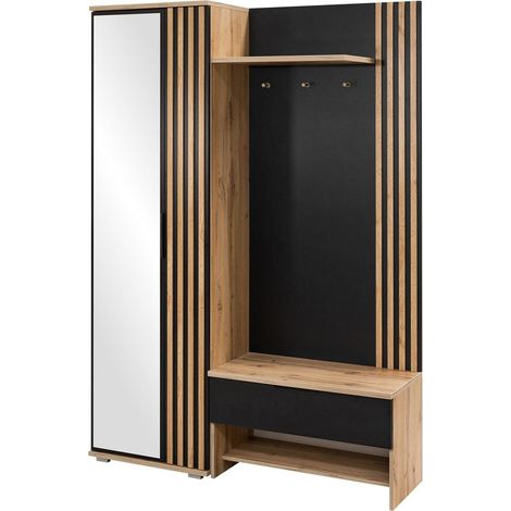 Conjunto para recibidor Honolulu 161, Negro + Roble wotan, 200x140x41cm, Espejo, Aglomerado laminado, Colocada