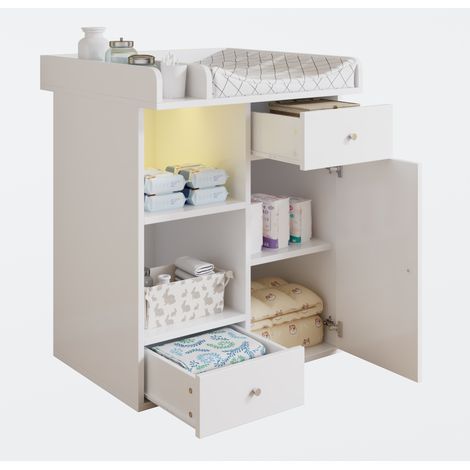 Commode à langer blanche, avec éclairage LED réglable (couleur et luminosité), 2 tiroirs, grand espace de rangement, espace à langer avec séparateurs