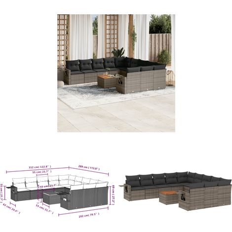 12-tlg. Garten-Sofagarnitur mit Kissen Grau Poly Rattan - Gartenmöbel Set - PE-Rattan Möbel - Outdoor Lounge - Esszimmergarnitur - Balkonmöbel - Home & Living (1/3)