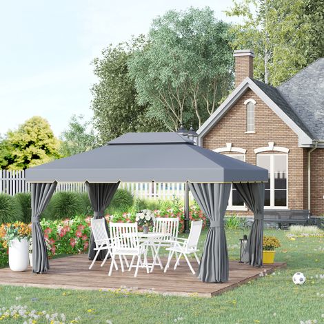 Outsunny Gartenpavillon 4 x 3 m Doppeldach-Partyzelt mit Wänden und Moskitonetzen, Grau