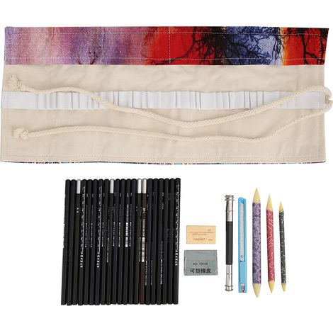 29 pièces Kit de Crayons de Dessin pour Artiste Débutant, Étui Roulé de Crayons de Croquis, Fournitures d'Art Arbre Coucher de Soleil (1/5)