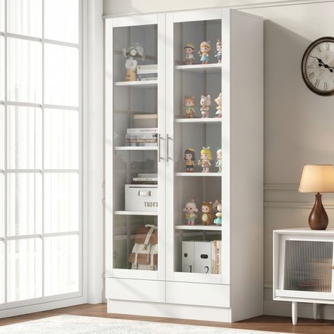 Armadio con porta in vetro, armadio per documenti, armadio per figure, armadio da ufficio, armadio alto e armadio di stoccaggio con 2 cassetti, bianco, dimensioni 80×40×160 cm (1/5)