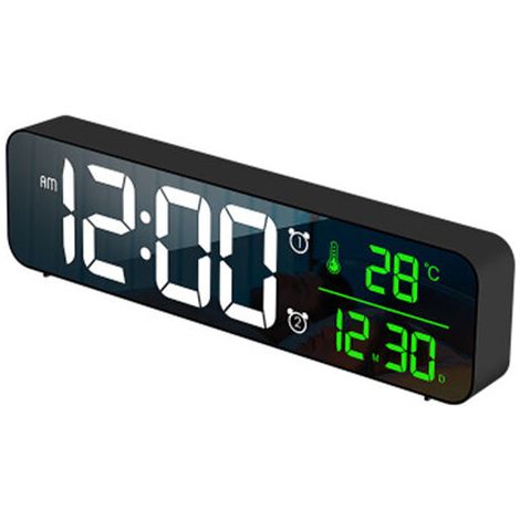 Horloge Réveil Numérique - Affichage LED Grand Chiffre - Miroir - Date Température - Luminosité Réglable - USB - Noir - 1 Pièce (1/5)