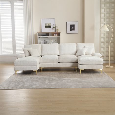 U-Shaped Sectional Sofa – Modular Corner Couch with Double Chaise, Soft Chenille Fabric, Customisable Layout – Luxurious Large Living Room Furniture(Beige) (1/5)