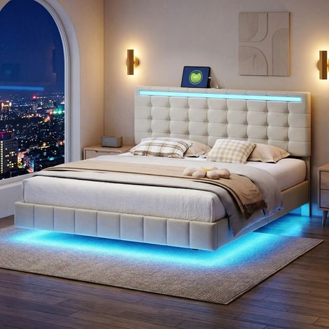 Lit adulte 160x200 cm, lit flottant rembourré avec LED et 2 ports USB, Tête de lit réglable, sommier à lattes, lit double de style scandinave,en lin, Beige