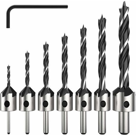 7 Pièce HSS 5 Flûte Jeu de Foret Fraise Bit de Vis à Bois Chanfrein pour Diverses vis de Longueur par Simple Desserrer et Resserrer la vis, 3-6mm Set Outil