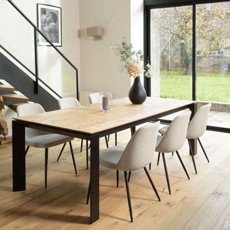 TOM - Lot de 2 chaises tissu écru dossier droit pieds acier noir (1/5)