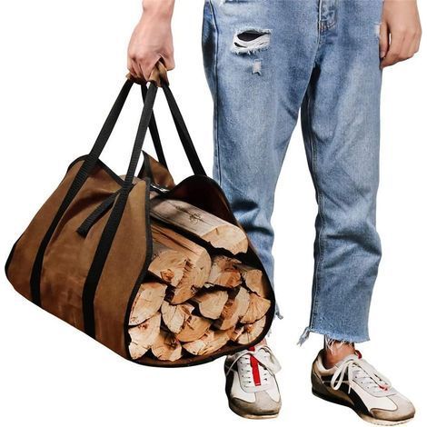Sac de Transport pour Bois de Chauffage, Toile Sac à Bûche Cheminée, Sac Transport Buches Résistant à Eau, Accessoires de Cheminée Pliables(Marron) (1/5)