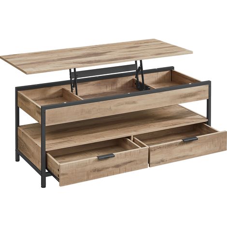 Vasagle – Table basse relevable 50 x 120 cm – Panneau d’aggloméré et acier – Rangement ouvert et compartiments cachés – Style industriel marron camel et noir