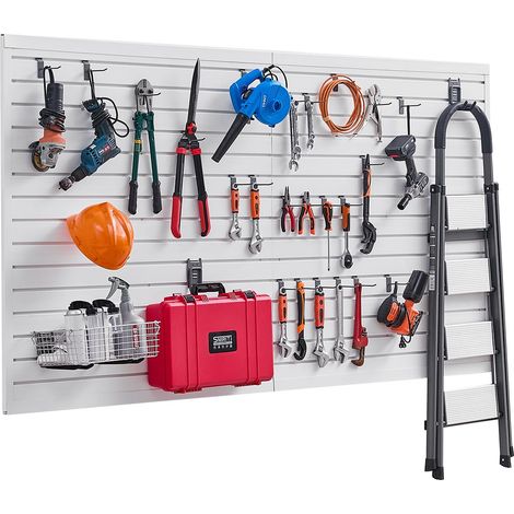 Panneau à Lattes Mural Garage, 1225 x 2450 mm, Panneau Rangement Outils PVC avec Accessoires, Porte-outils Muraux avec Crochets pour Affichage, Organisation, Stockage, Atelier, Artisanal, Blanc (1/5)