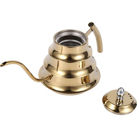 Edelstahl-Schwanenhalskessel mit Bambusdichtung, vergoldeter Filtereinsatz für Filterkaffee, 600-ml-Barista-Teekanne (1/5)