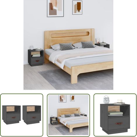 The Living Store Tables de chevet 2 pcs Gris 40x34x45 cm Bois de pin massif - Table De Chevet - Meuble De Chambre - Table Nuit - Bois Massif - Pin (1/5)
