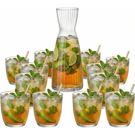 Set Caraffa e 12 Bicchieri in Vetro Star Glass  Brocca per Acqua Cocktail Bevande bottiglia Design Scanalato e Tumbler Resistenza +30% e Massima Trasparenza Ideale Casa e Horeca MADE IN iTALY BO-RMIOL