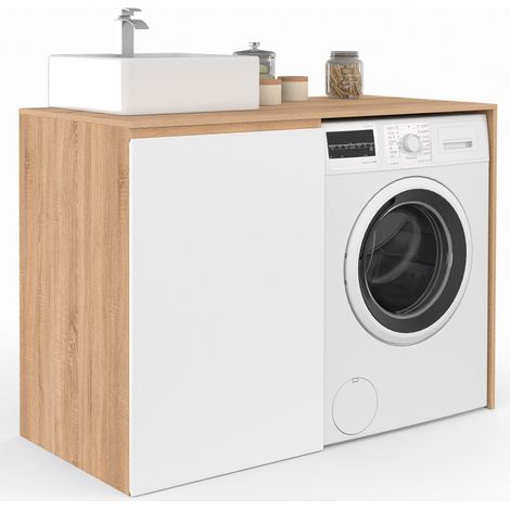 Mobile per lavatrice o asciugatrice con armadio TOMI, mobile per lavabo in legno effetto faggio e bianco