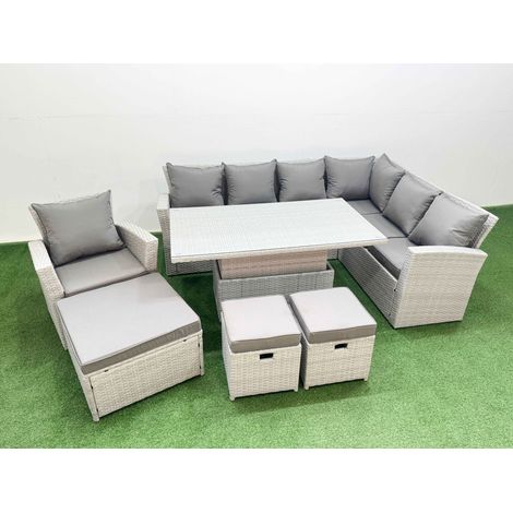 Fimous 10 Seat Rattan Garden Furniture Corner Sofa Set Outdoor Adjustable Lifting Dining or Coffee Table Set with 3 Footstools Light Grey (1/4)