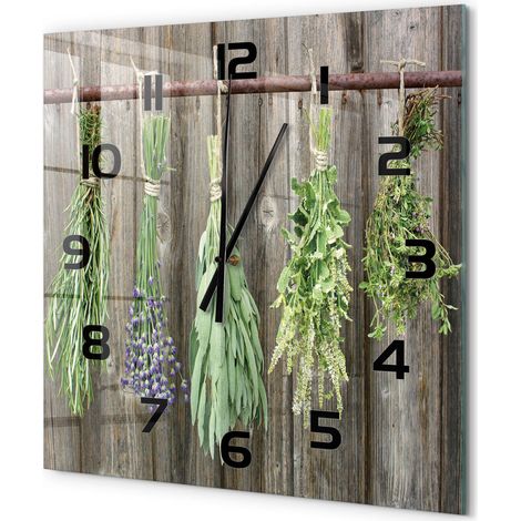Grande Horloge Murale Carrée Décoration Cuisine en Verre Trempé Silencieuse Moderne Herbes sur une ficelle 60x60 cm (1/5)