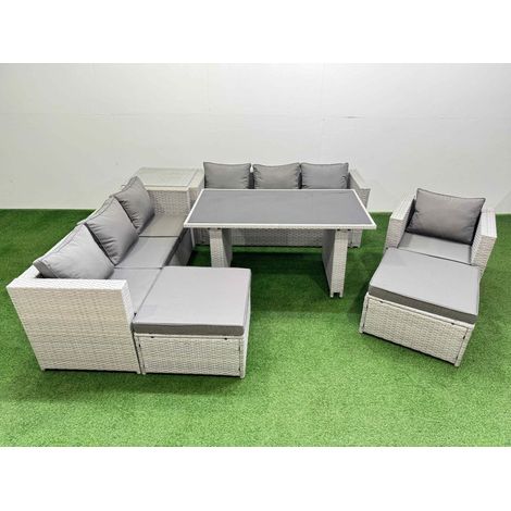 Fimous Patio Garden Furniture Sets with Black Glass Top Dining Table 3 Seater Sofa Armchair Side Table 2 Big Stool Light Grey (1/5)