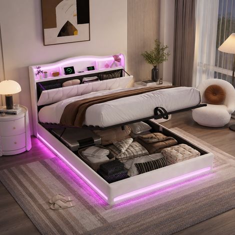 Lit coffre 160×200 cm,rangement hydraulique,lit double,lumière LED et port USB,lit capitonné,tête de lit avec rangement,cadre de lit 160×200,style moderne,sommier à lattes,lit adultes,Velours,Beige (1/5)