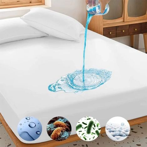 Protège-Matelas Imperméable Respirant Tissu Polyester Lavable Machine Blanc Motif Goutte Bleue (1/4)
